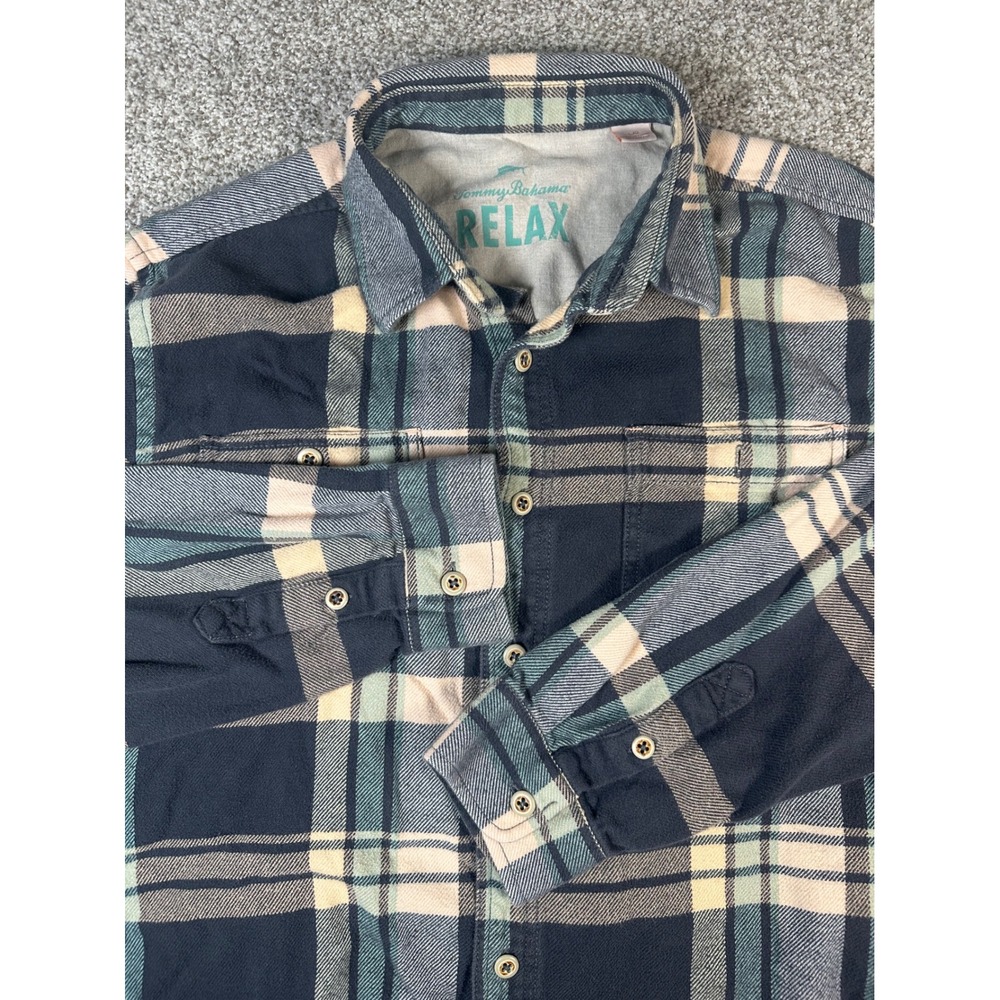 Tommy Bahama Relax Mens L Plaid Flannel Shirt Navy Blue Green Cotton 133-TR34983